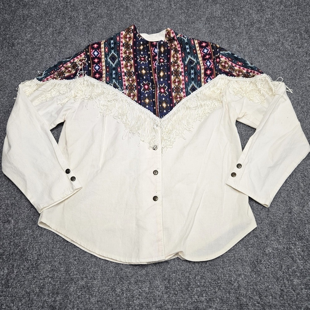 Vintage Roughrider Circle T Western Shirt Womens M Aztec Fringe Cream Denim USA